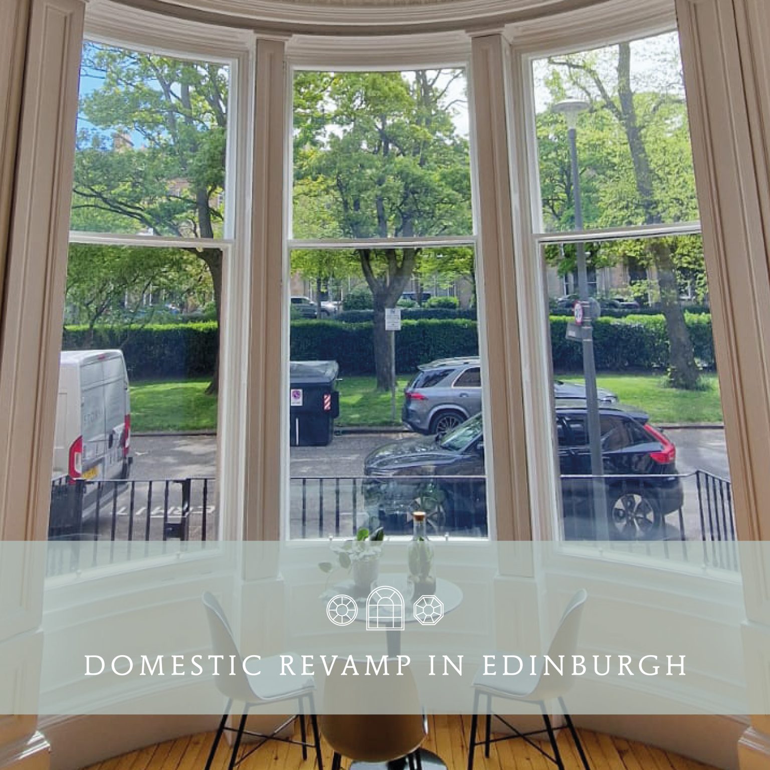 Storm Windows bespoke secondary glazing in beautiful deep bay windows were fitted with 3 curved in-plan lower vertical sliding sash units in Edinburgh. These really complement the design of the windows, helping to create a warm, draught-free environment with significant noise reduction.